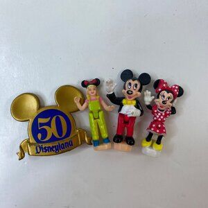 Disneyland 50th Anniversary Mickey Minnie Mouse Figurines Tourist Girl Gold Pin